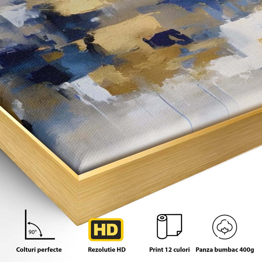 Detaliu al suprafetei: tablou abstract cu pete aurii si albastre, in rama de aluminiu auriu