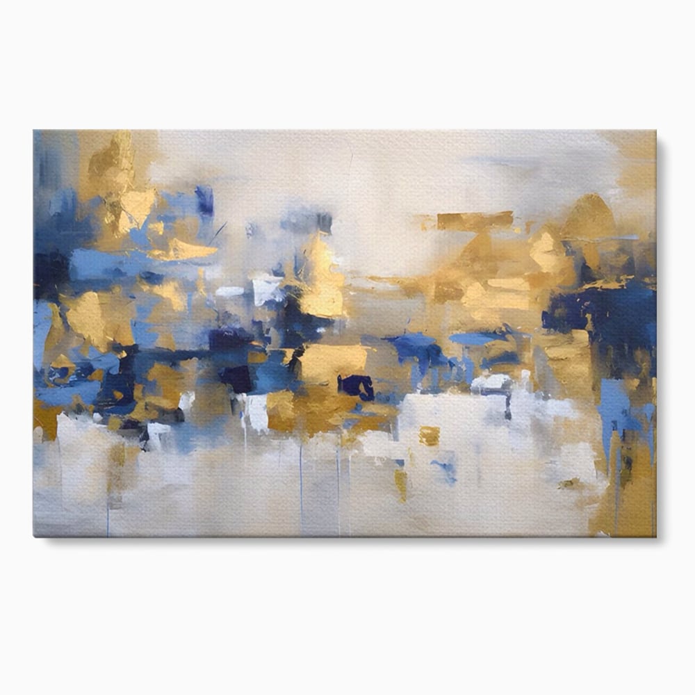 Tablou canvas cu tablou abstract cu pete aurii si albastre, fara rama, pe sasiu de lemn