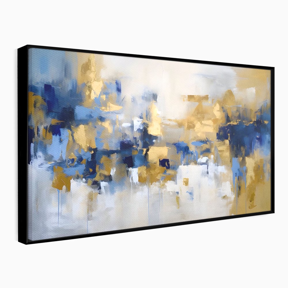 Tablou canvas cu tablou abstract cu pete aurii si albastre, in rama de aluminiu negru