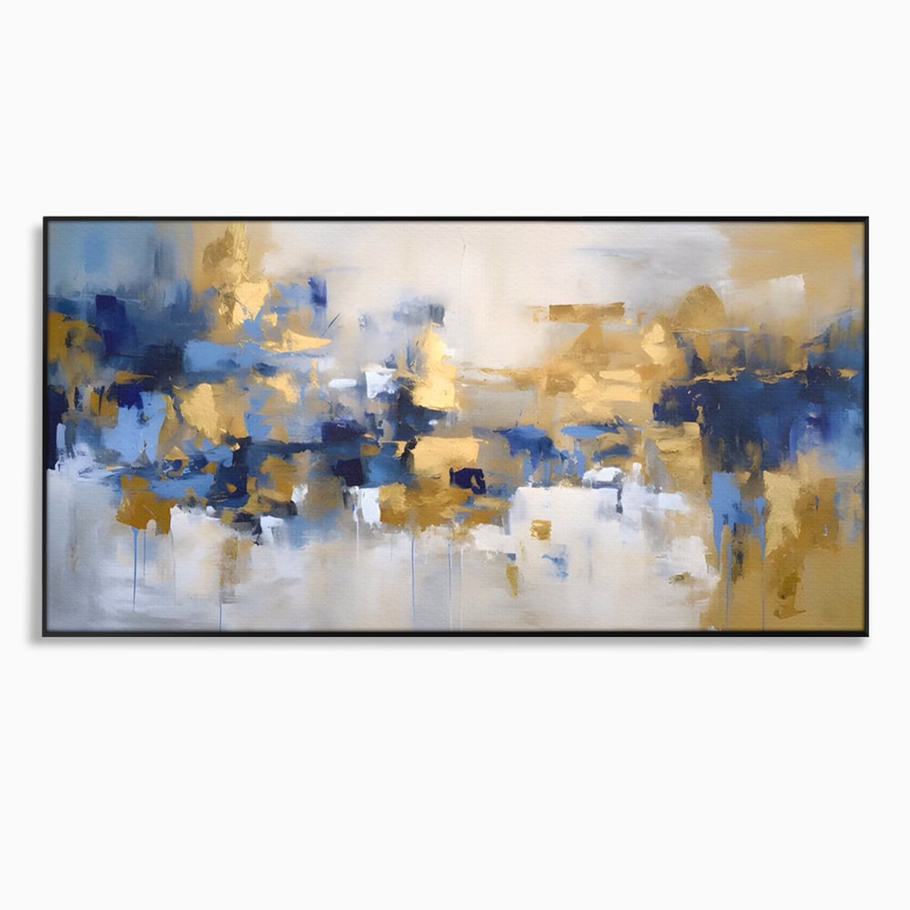 Tablou canvas cu tablou abstract cu pete aurii si albastre, in rama de aluminiu negru