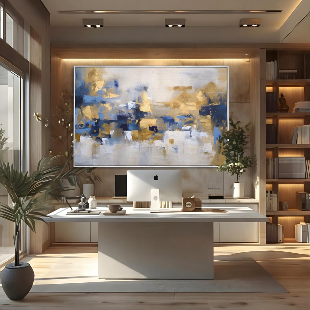 Tablou canvas cu tablou abstract cu pete aurii si albastre, in rama de aluminiu argintiu, pe perete intr-un birou