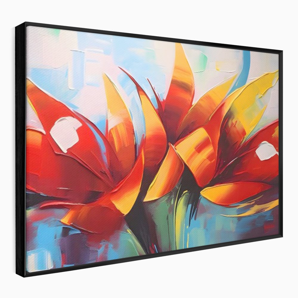 Tablou canvas cu pictura abstracta cu flori portocalii, in rama de aluminiu negru