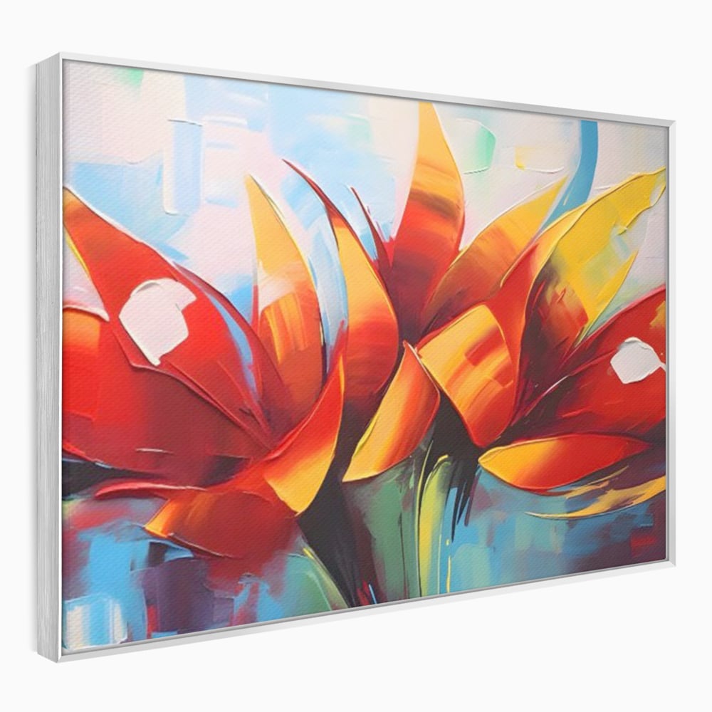 Tablou canvas cu pictura abstracta cu flori portocalii, in rama de aluminiu argintiu