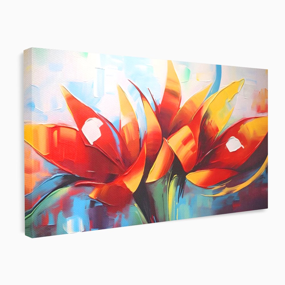 Tablou canvas cu pictura abstracta cu flori portocalii, fara rama, pe sasiu de lemn