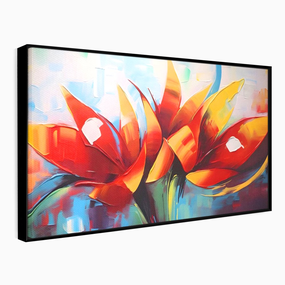 Tablou canvas cu pictura abstracta cu flori portocalii, in rama de aluminiu negru