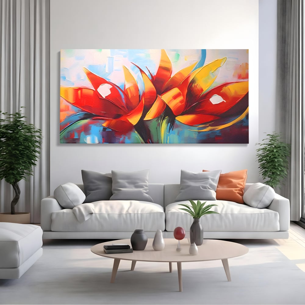 Tablou canvas cu pictura abstracta cu flori portocalii, fara rama, pe sasiu de lemn, pe perete intr-un living