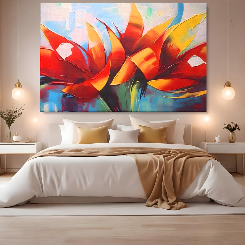 Tablou canvas cu pictura abstracta cu flori portocalii, fara rama, pe sasiu de lemn, pe perete intr-un dormitor