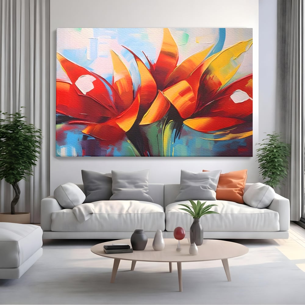Tablou canvas cu pictura abstracta cu flori portocalii, fara rama, pe sasiu de lemn, pe perete intr-un living