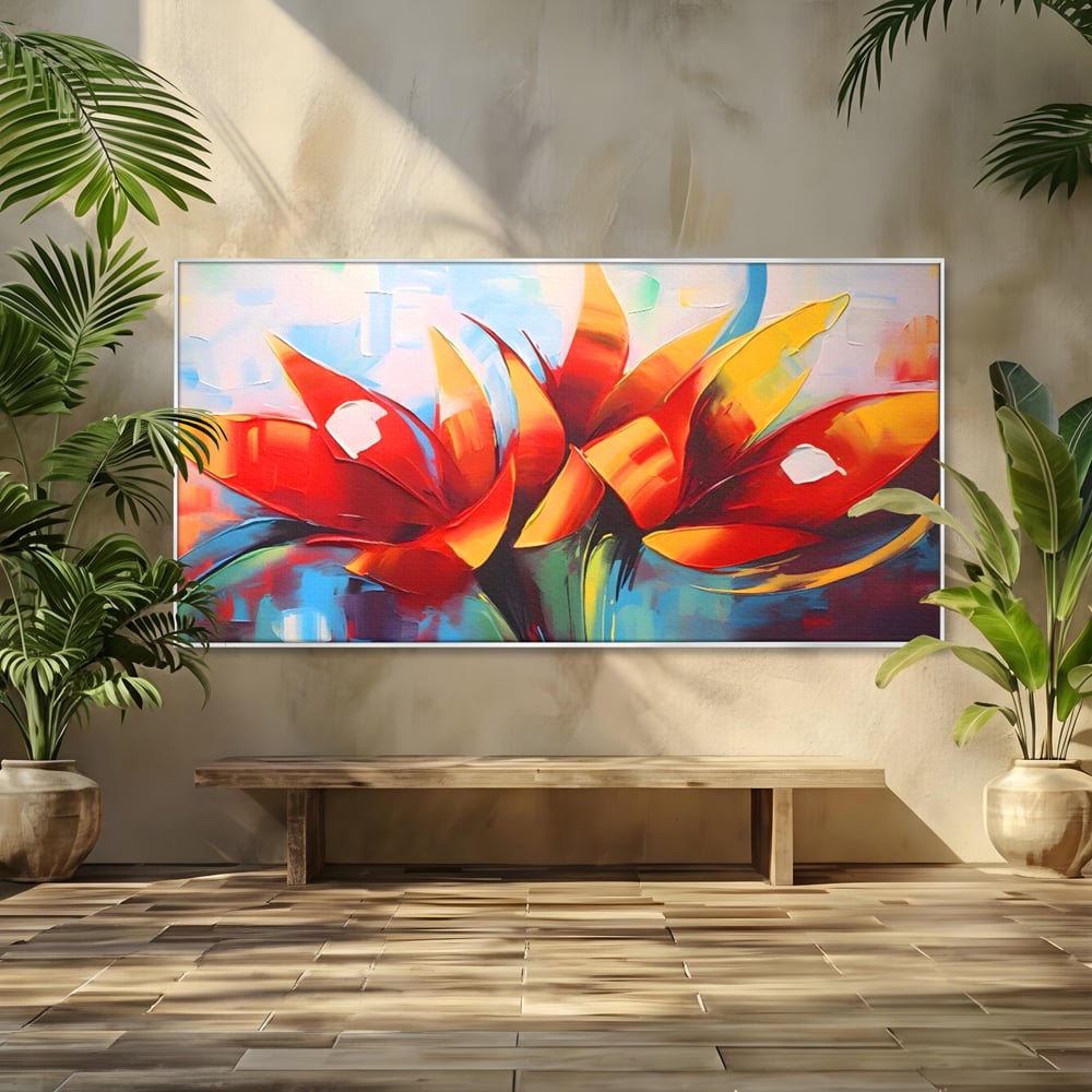 Tablou canvas cu pictura abstracta cu flori portocalii, in rama de aluminiu argintiu