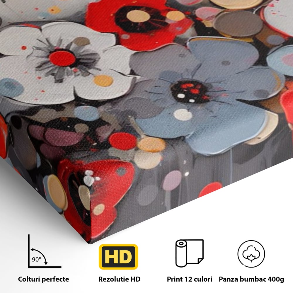 Detaliu al suprafetei: pictura canvas cu flori colorate in relief, fara rama, pe sasiu de lemn