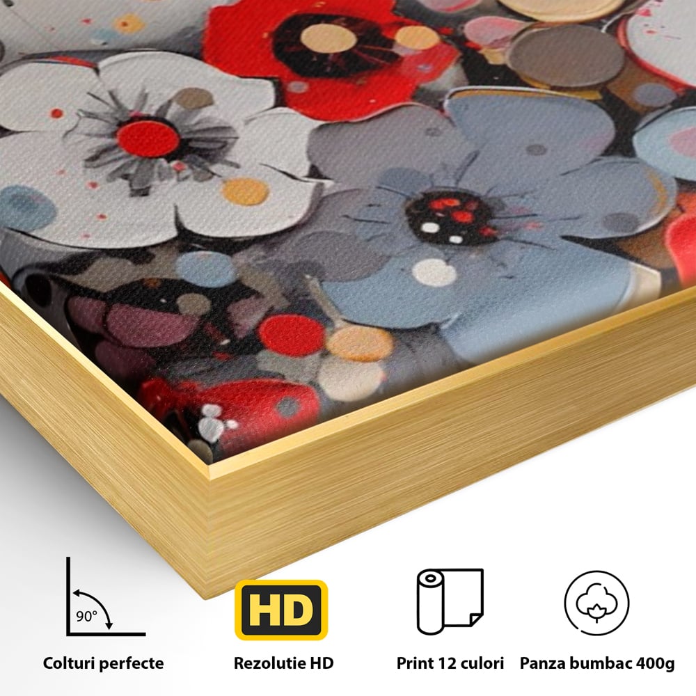 Detaliu al suprafetei: pictura canvas cu flori colorate in relief, in rama de aluminiu auriu