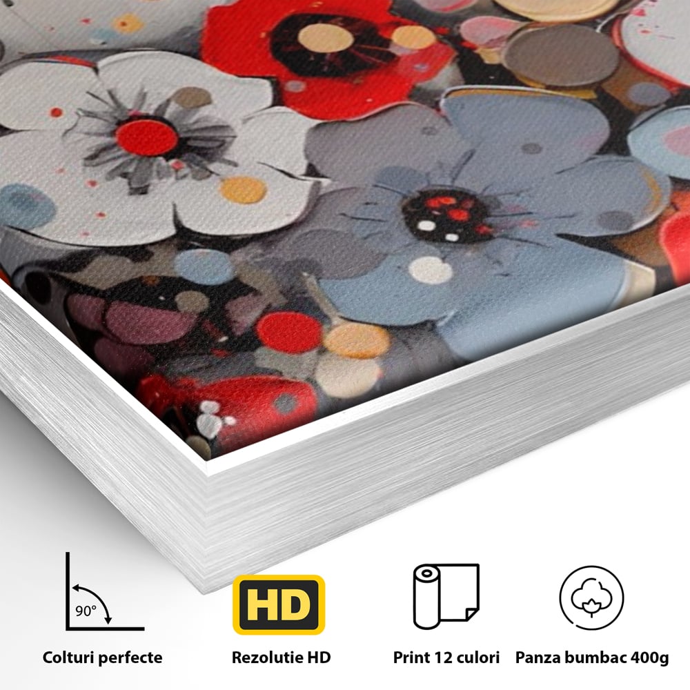 Detaliu al suprafetei: pictura canvas cu flori colorate in relief, in rama de aluminiu argintiu