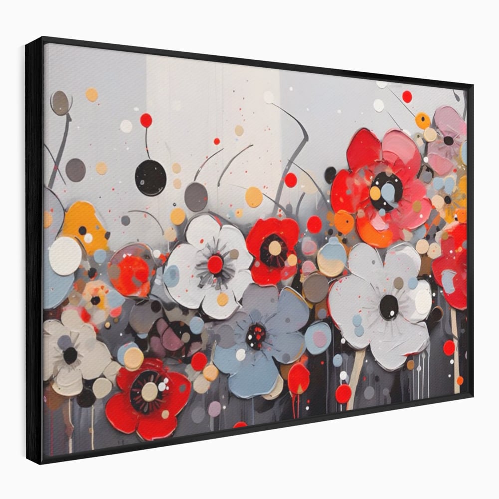 Tablou canvas cu pictura canvas cu flori colorate in relief, in rama de aluminiu negru