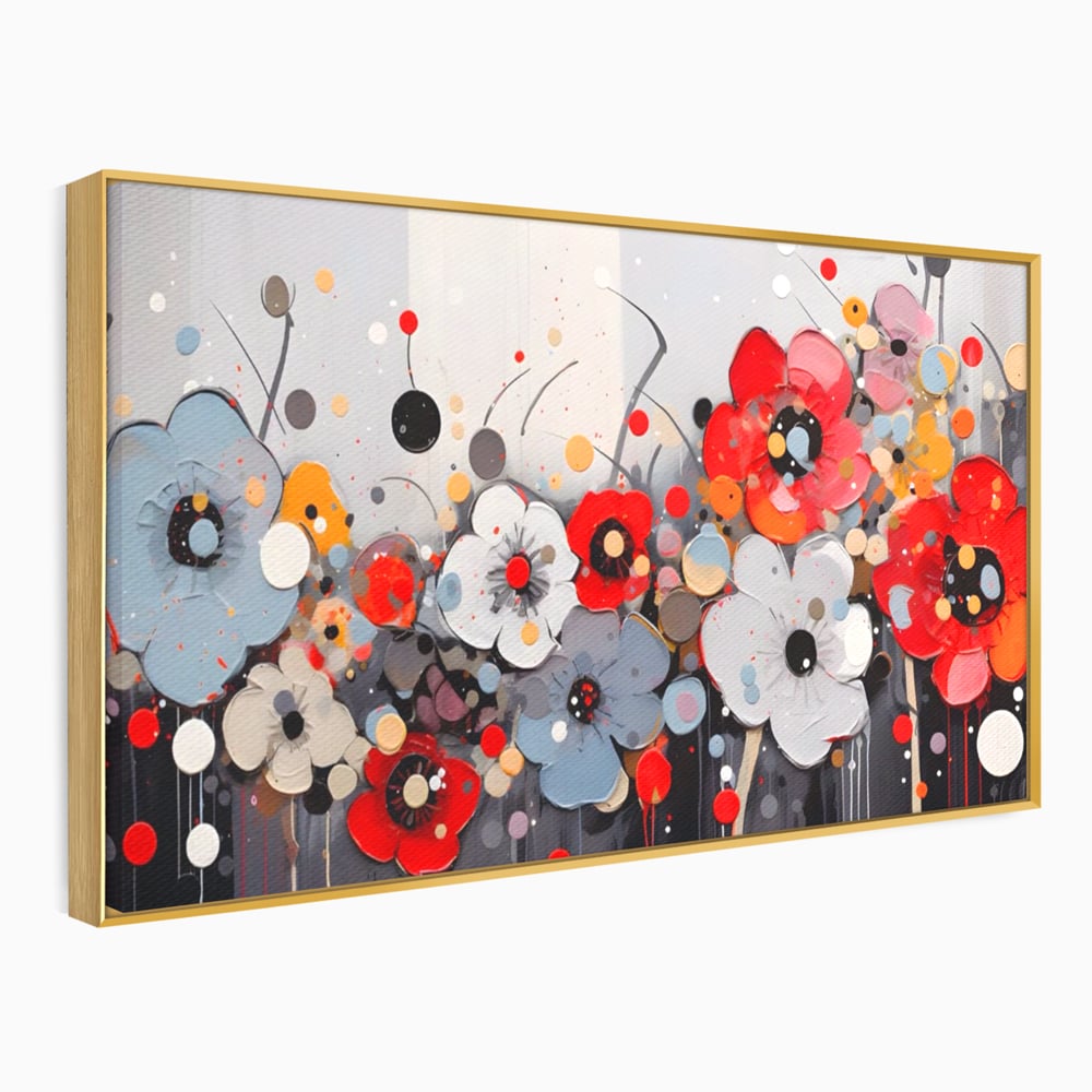 Tablou canvas cu pictura canvas cu flori colorate in relief, in rama de aluminiu auriu