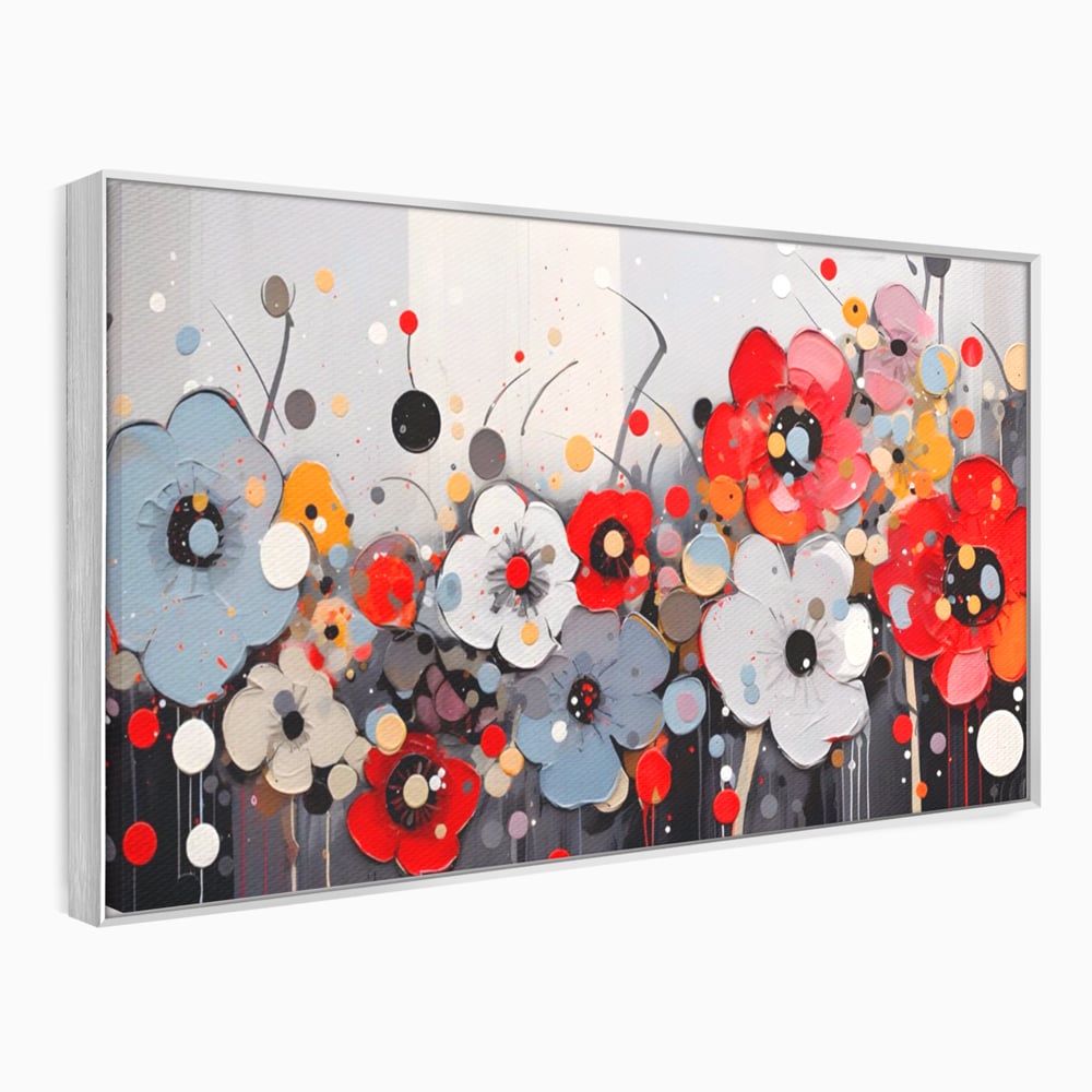Tablou canvas cu pictura canvas cu flori colorate in relief, in rama de aluminiu argintiu