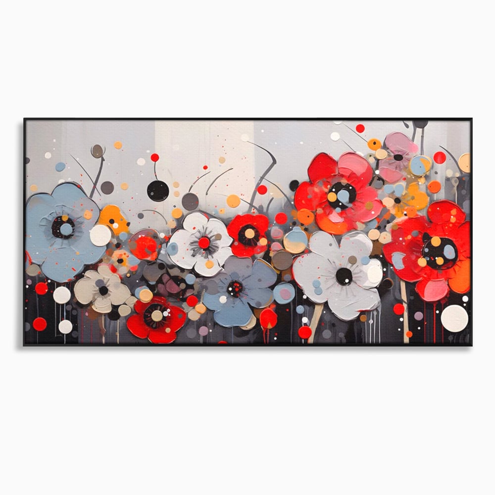 Tablou canvas cu pictura canvas cu flori colorate in relief, in rama de aluminiu negru