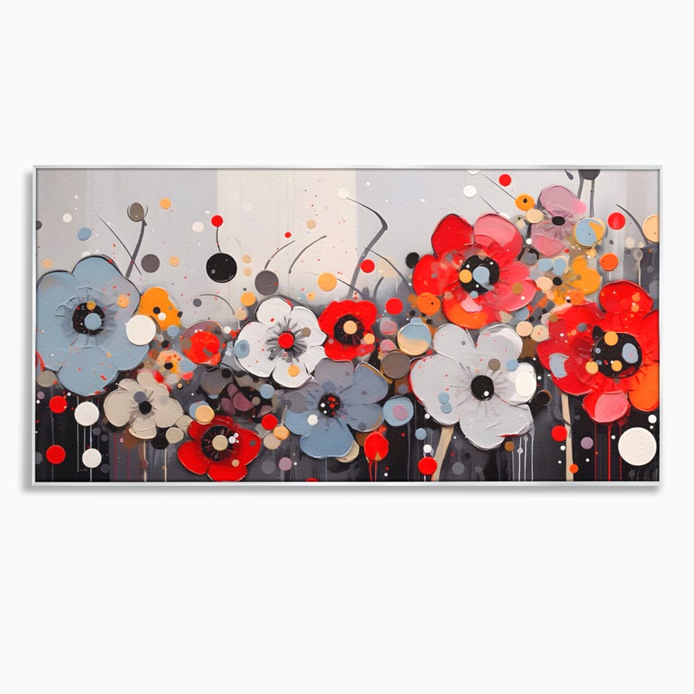 Tablou canvas cu pictura canvas cu flori colorate in relief, in rama de aluminiu argintiu
