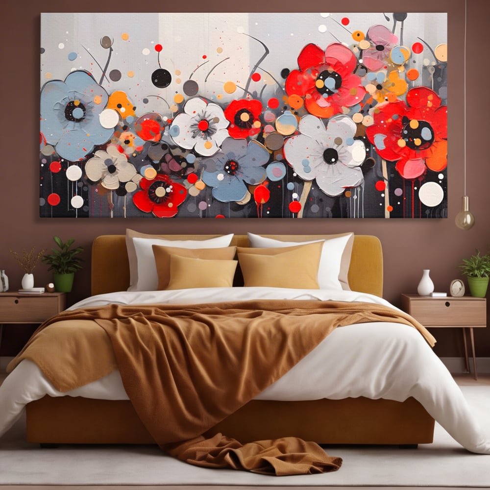 Tablou canvas cu pictura canvas cu flori colorate in relief, fara rama, pe sasiu de lemn, pe perete intr-un dormitor
