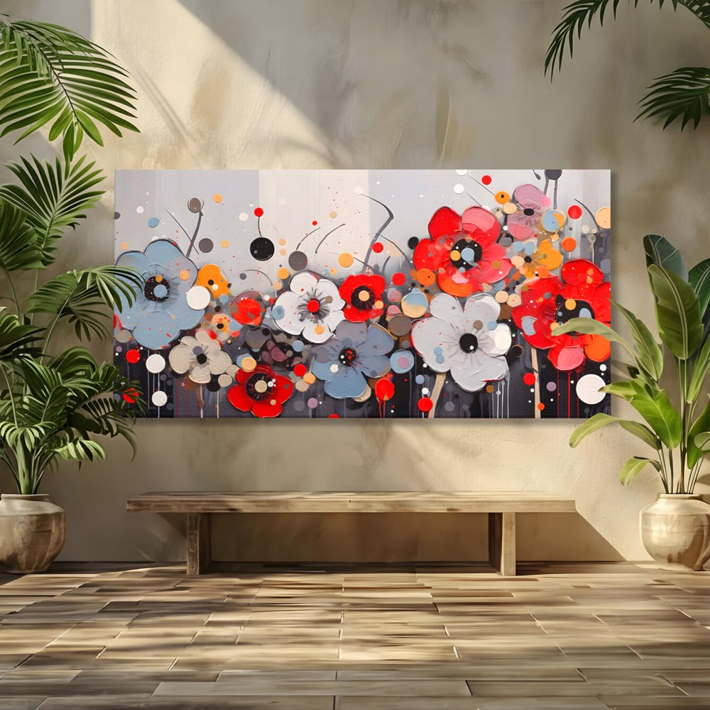 Tablou canvas cu pictura canvas cu flori colorate in relief, fara rama, pe sasiu de lemn