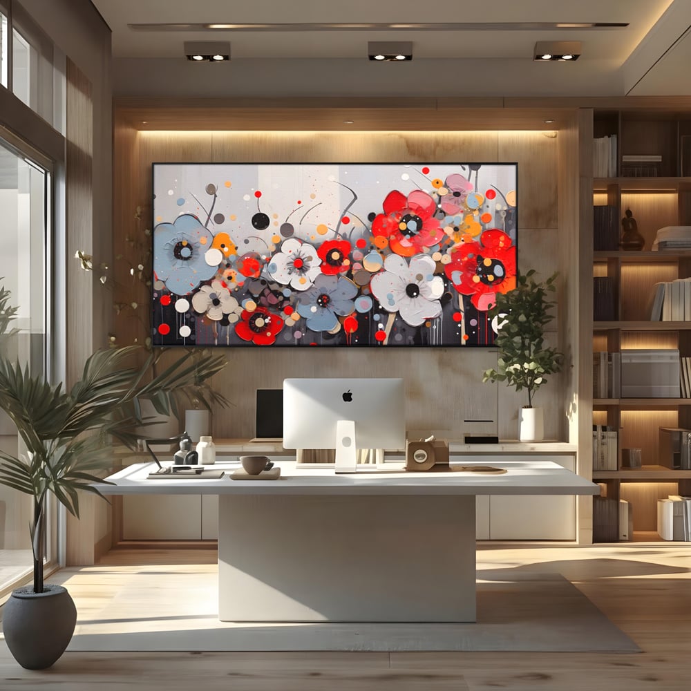 Tablou canvas cu pictura canvas cu flori colorate in relief, in rama de aluminiu negru, pe perete intr-un birou