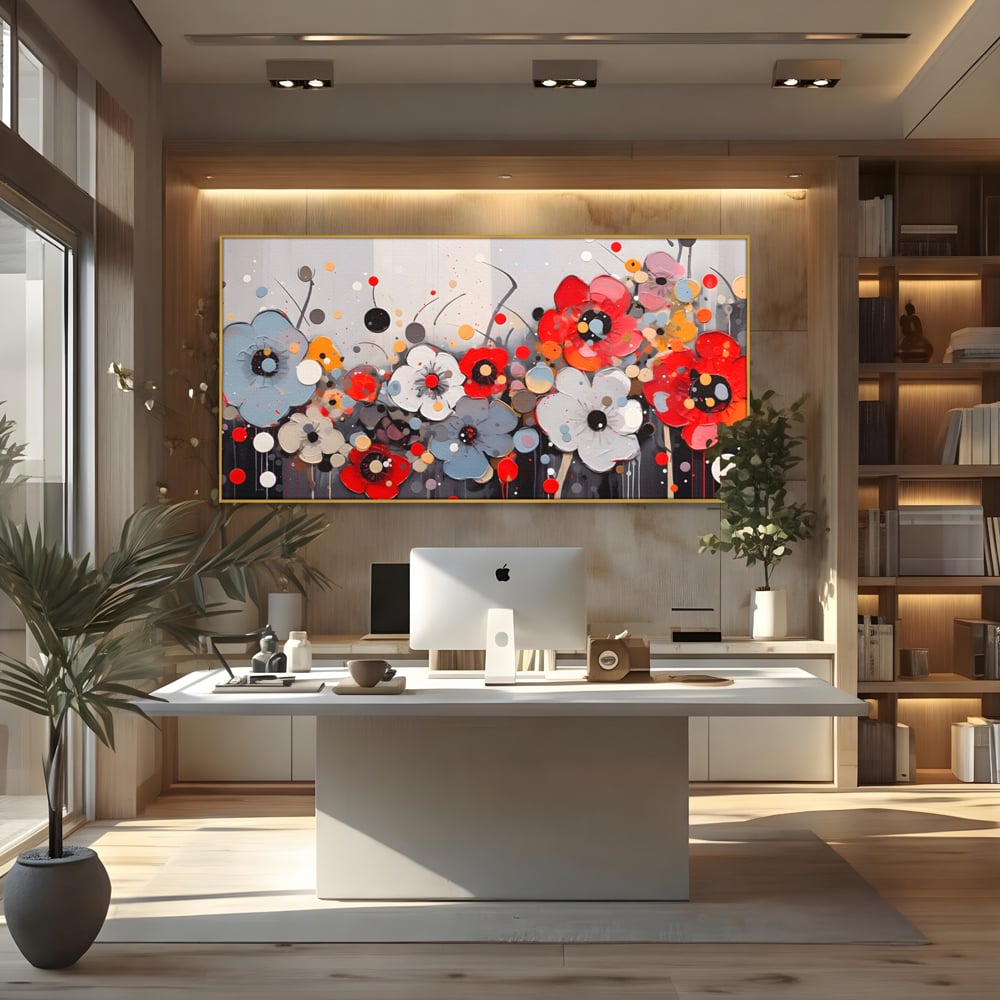 Tablou canvas cu pictura canvas cu flori colorate in relief, in rama de aluminiu auriu, pe perete intr-un birou