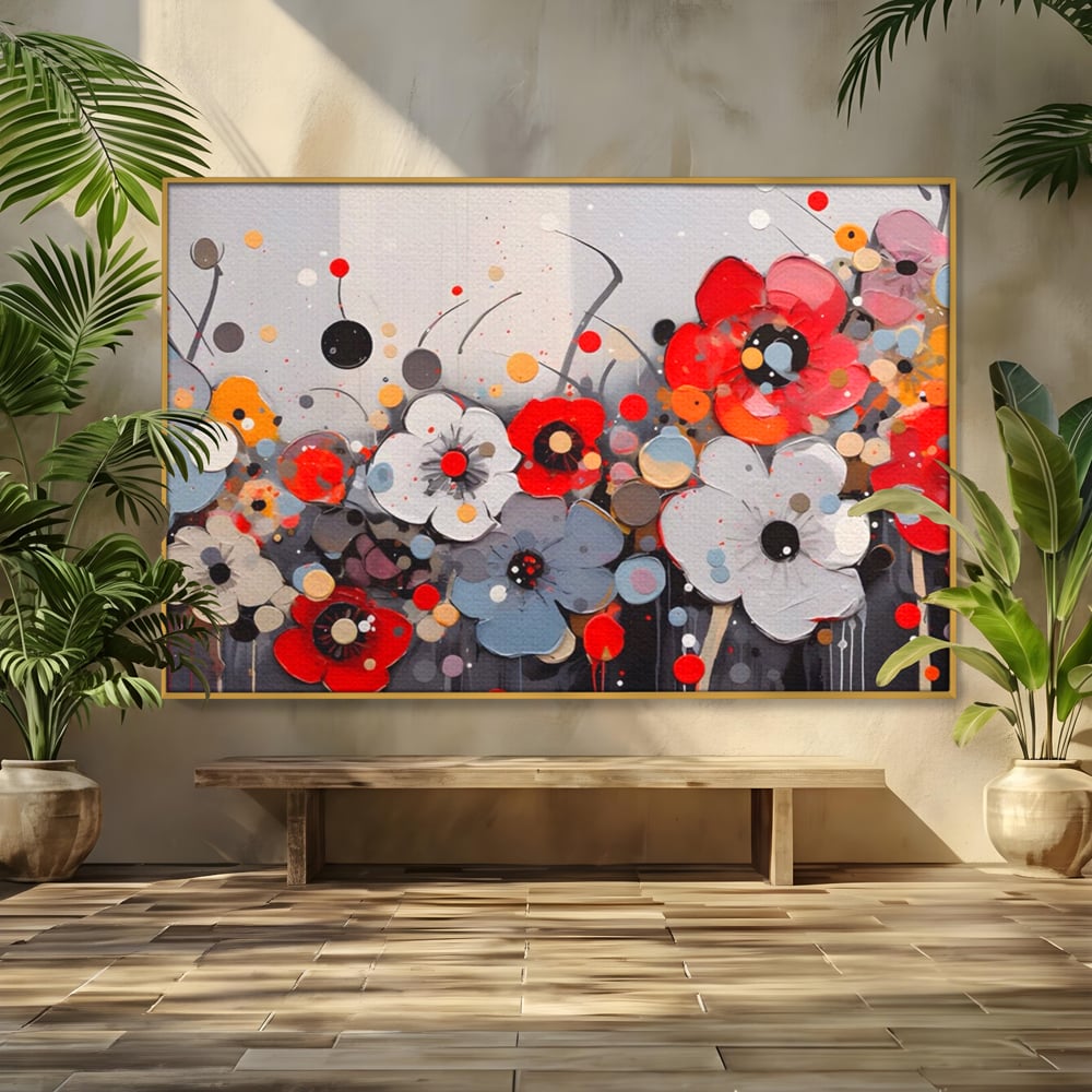 Tablou canvas cu pictura canvas cu flori colorate in relief, in rama de aluminiu auriu