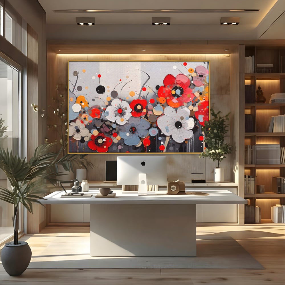 Tablou canvas cu pictura canvas cu flori colorate in relief, in rama de aluminiu auriu, pe perete intr-un birou