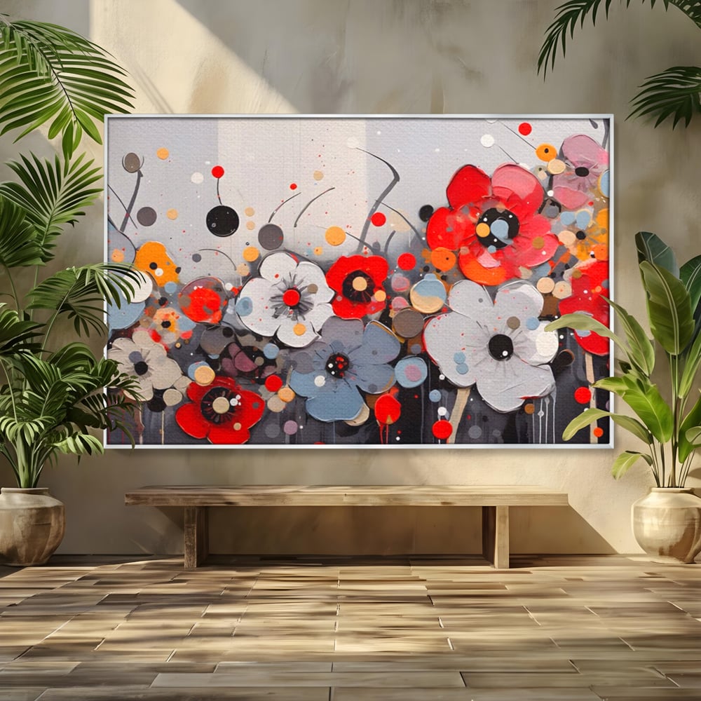 Tablou canvas cu pictura canvas cu flori colorate in relief, in rama de aluminiu argintiu