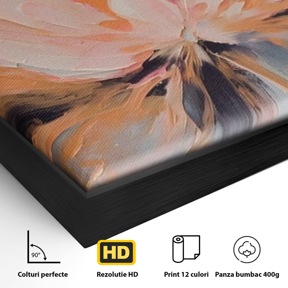 Detaliu al suprafetei: tablou canvas cu floare abstracta, in rama de aluminiu negru