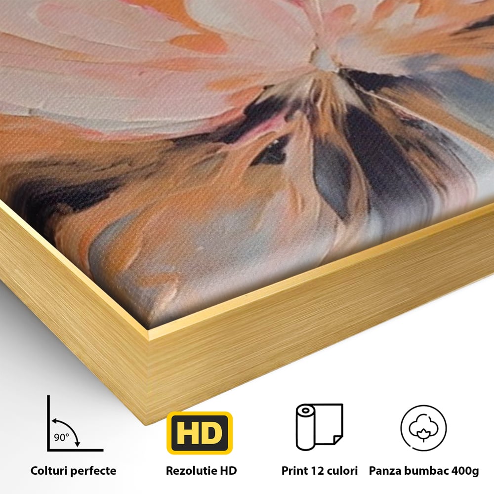 Detaliu al suprafetei: tablou canvas cu floare abstracta, in rama de aluminiu auriu