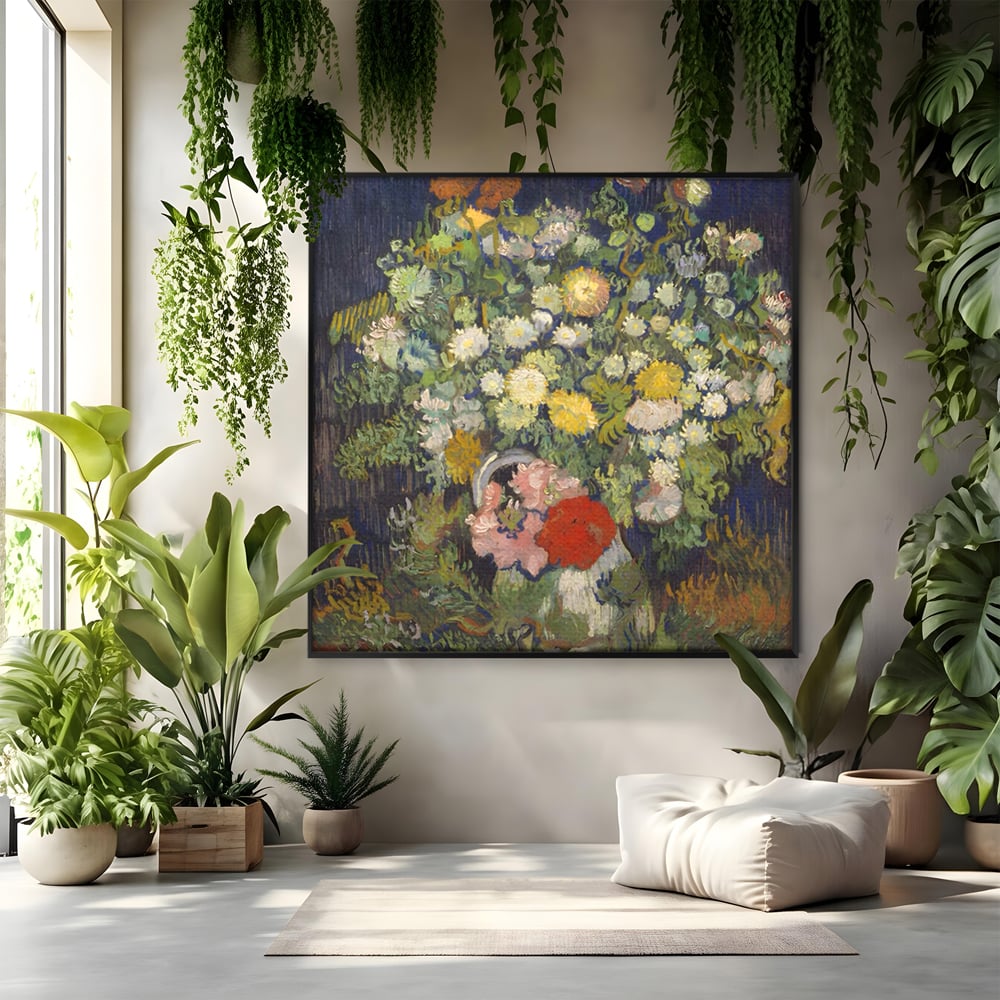 Tablou canvas cu reproducere pictura cu buchet de flori, in rama de aluminiu negru