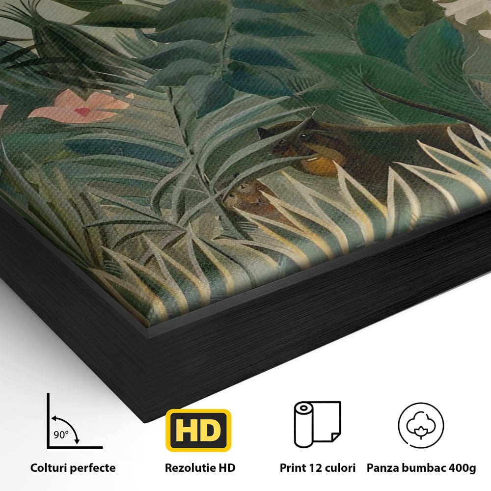 Detaliu al suprafetei: pictura decorativa cu peisaj de jungla, in rama de aluminiu negru