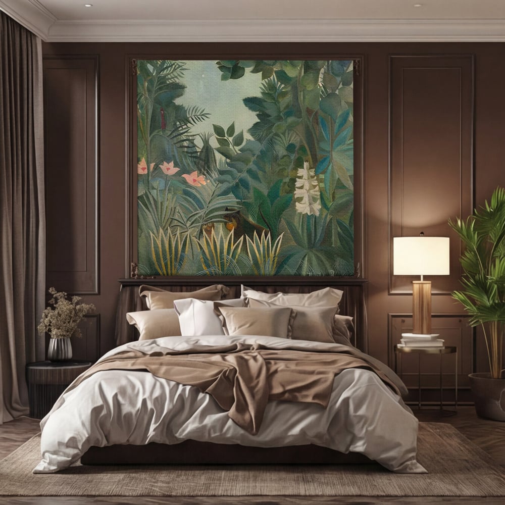 Tablou canvas cu pictura decorativa cu peisaj de jungla, fara rama, pe sasiu de lemn, pe perete intr-un dormitor