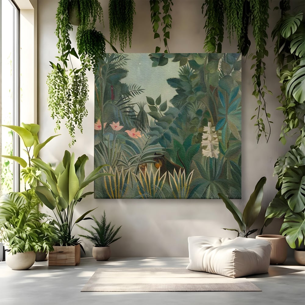 Tablou canvas cu pictura decorativa cu peisaj de jungla, fara rama, pe sasiu de lemn