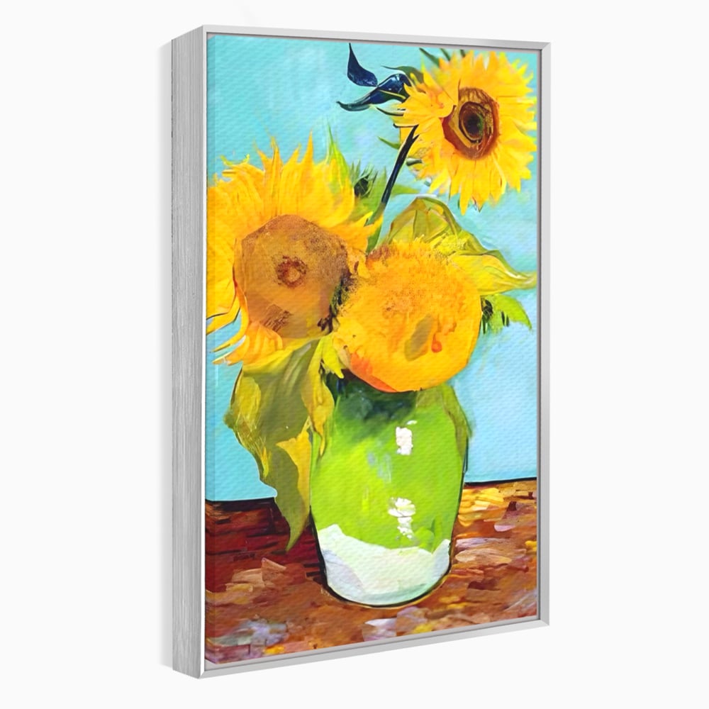 Tablou canvas cu tablou canvas cu floarea soarelui in vaza, in rama de aluminiu argintiu
