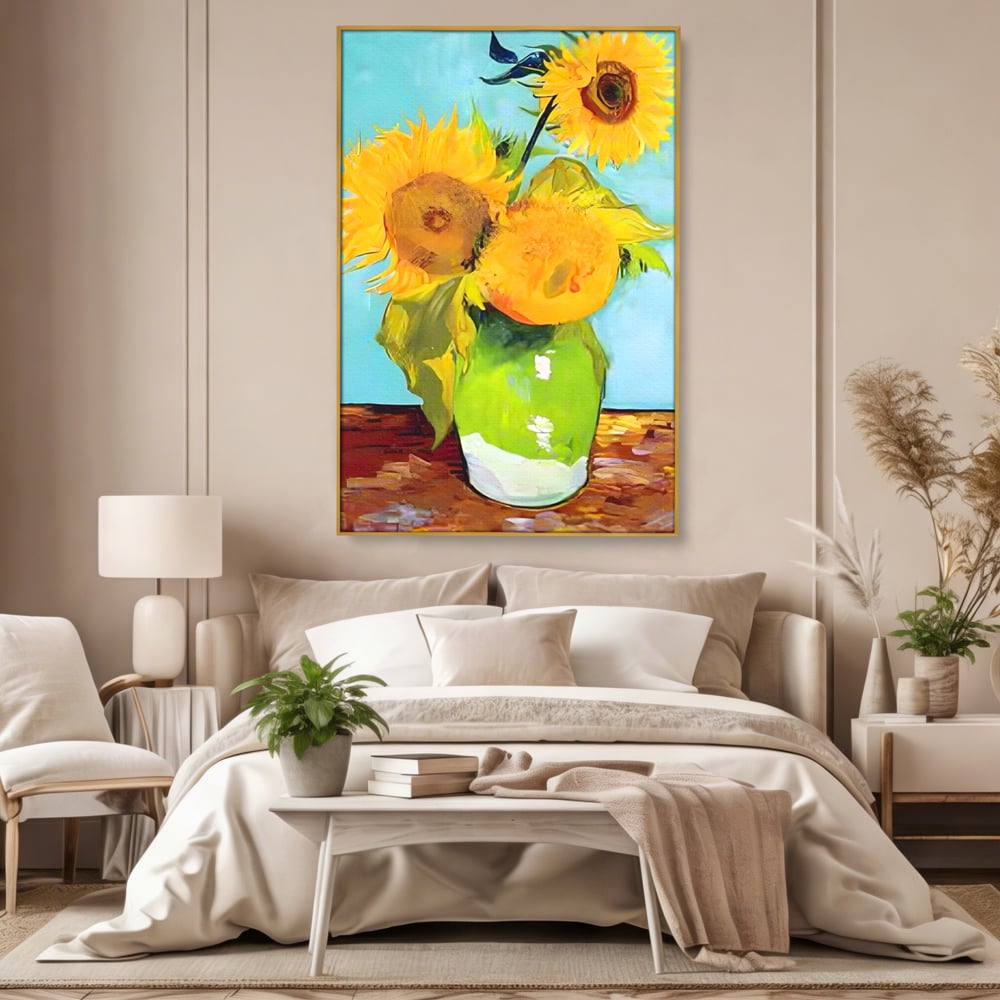 Tablou canvas cu tablou canvas cu floarea soarelui in vaza, in rama de aluminiu auriu, pe perete intr-un dormitor