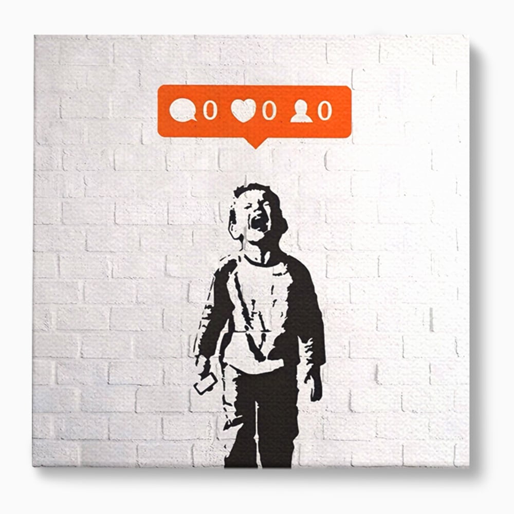 Tablou canvas cu tablou canvas cu copil si elemente de social media, fara rama, pe sasiu de lemn