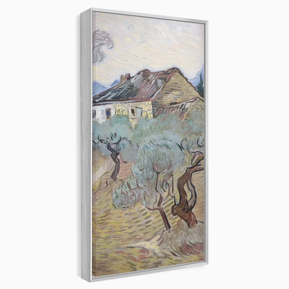 Tablou canvas cu pictura cu maslini si casa rurala, in rama de aluminiu argintiu