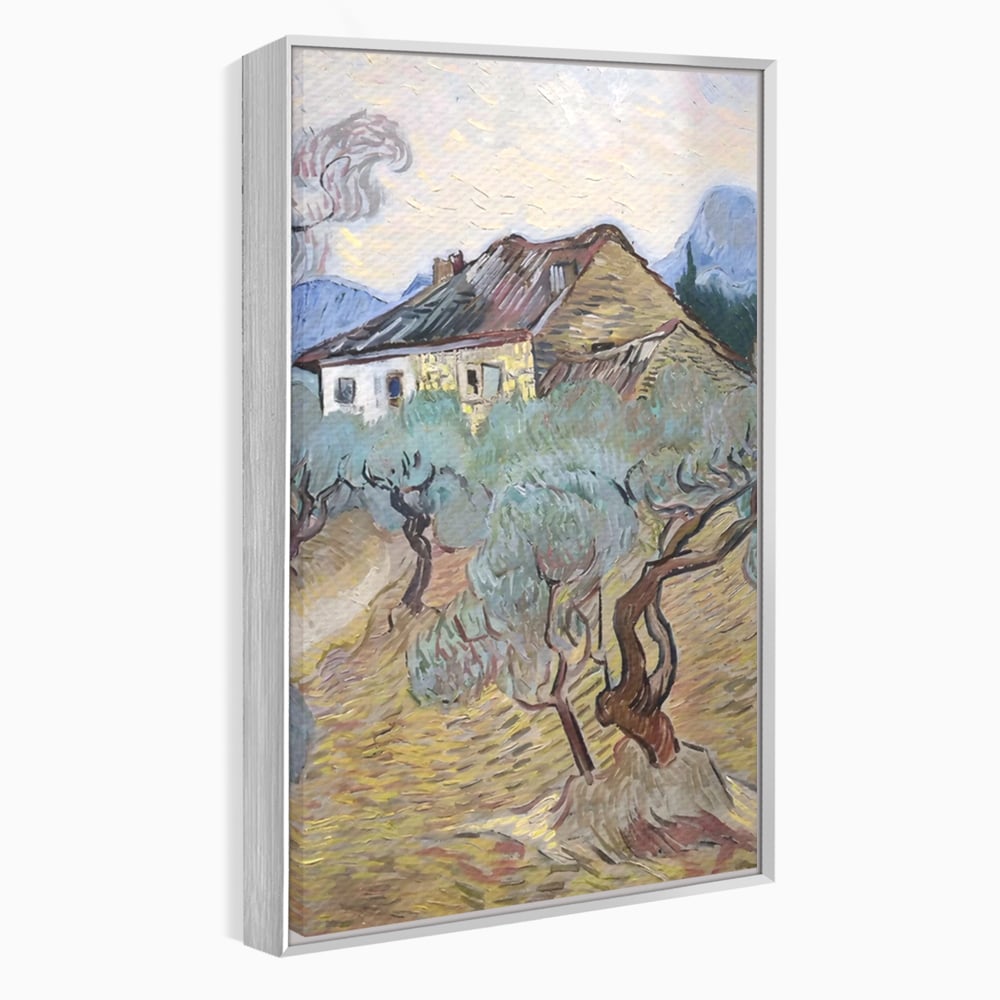 Tablou canvas cu pictura cu maslini si casa rurala, in rama de aluminiu argintiu
