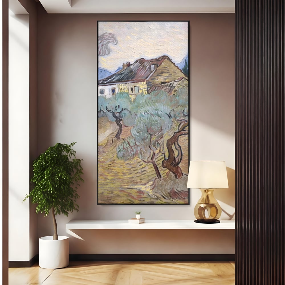Tablou canvas cu pictura cu maslini si casa rurala, in rama de aluminiu negru