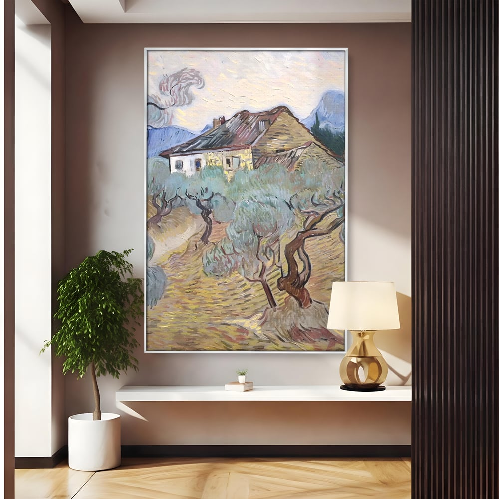 Tablou canvas cu pictura cu maslini si casa rurala, in rama de aluminiu argintiu