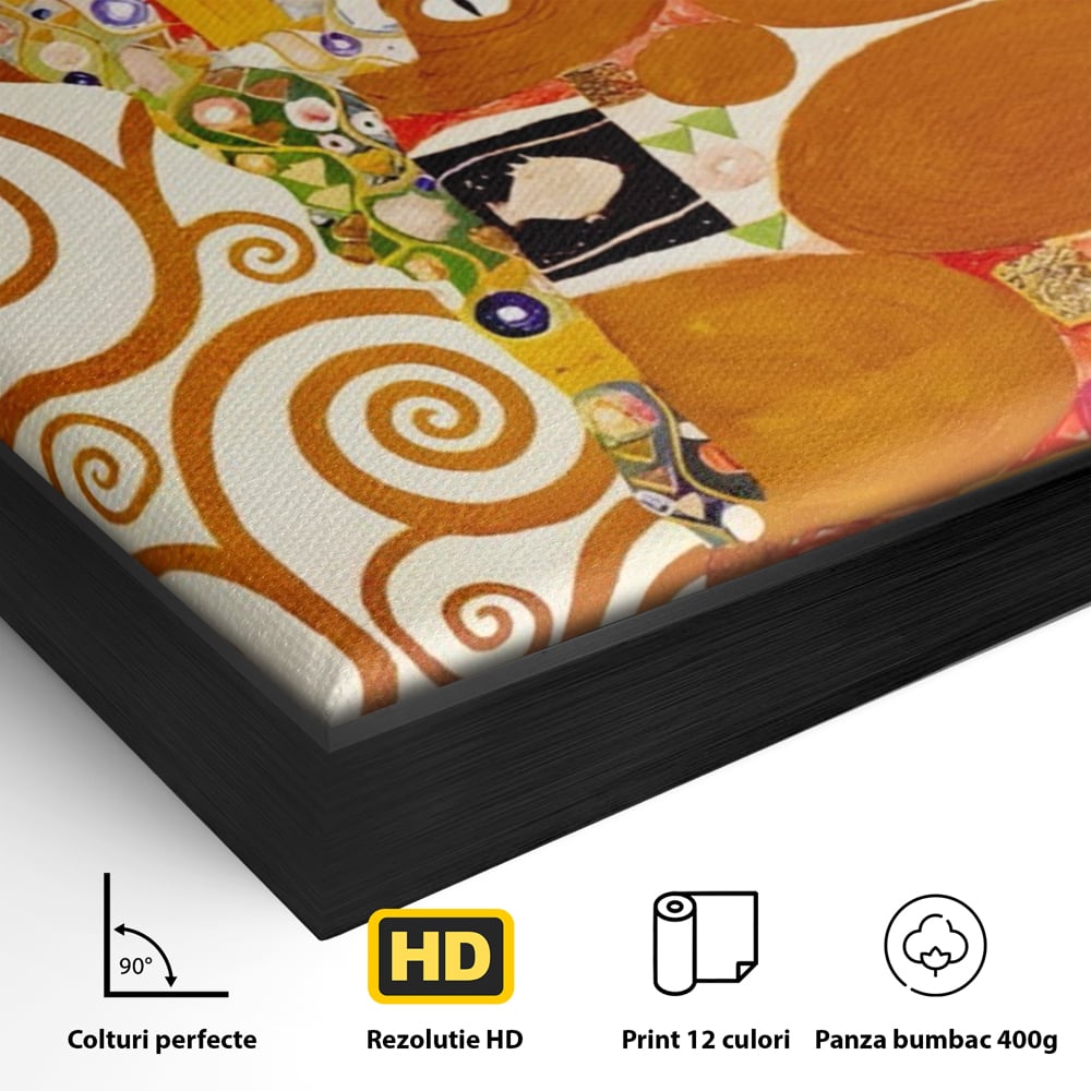 Detaliu al suprafetei: tablou canvas cu pictura in stilul lui klimt, in rama de aluminiu negru