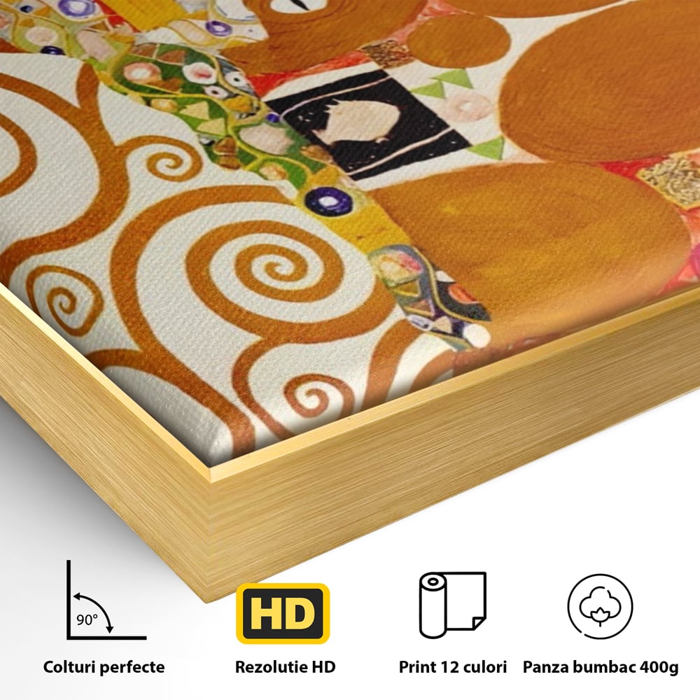 Detaliu al suprafetei: tablou canvas cu pictura in stilul lui klimt, in rama de aluminiu auriu