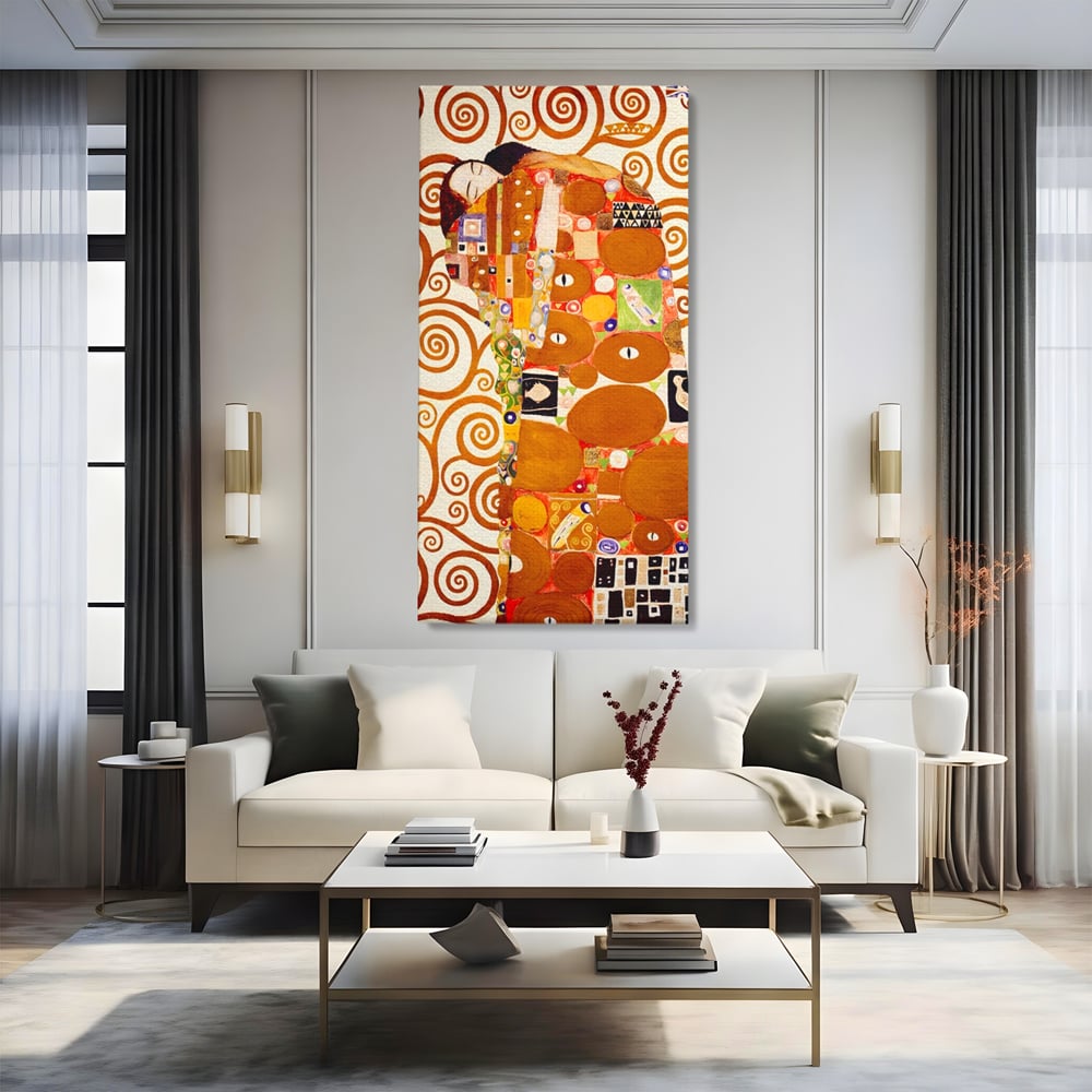 Tablou canvas cu tablou canvas cu pictura in stilul lui klimt, fara rama, pe sasiu de lemn, pe perete intr-un living