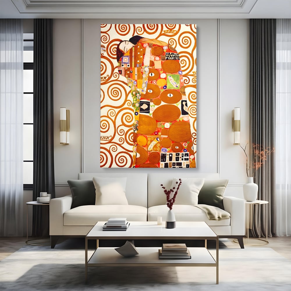 Tablou canvas cu tablou canvas cu pictura in stilul lui klimt, fara rama, pe sasiu de lemn, pe perete intr-un living