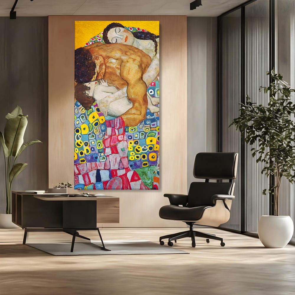 Tablou canvas cu pictura cu familie imbratisata, fara rama, pe sasiu de lemn, pe perete intr-un birou