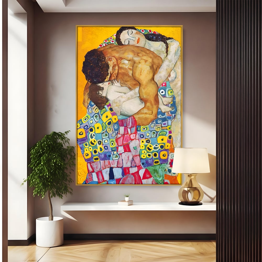 Tablou canvas cu pictura cu familie imbratisata, in rama de aluminiu auriu