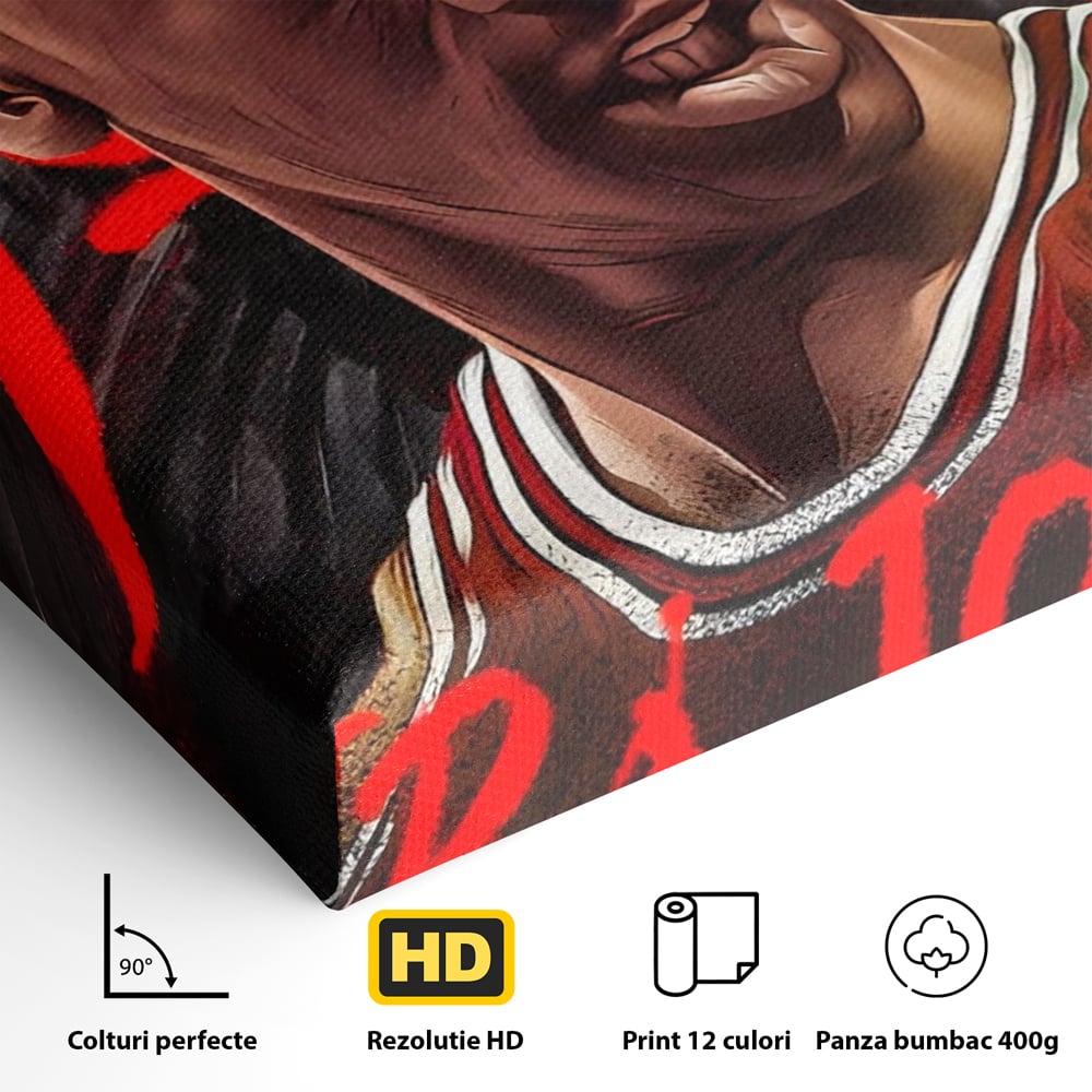 Detaliu al suprafetei: portret grafic cu michael jordan, fara rama, pe sasiu de lemn