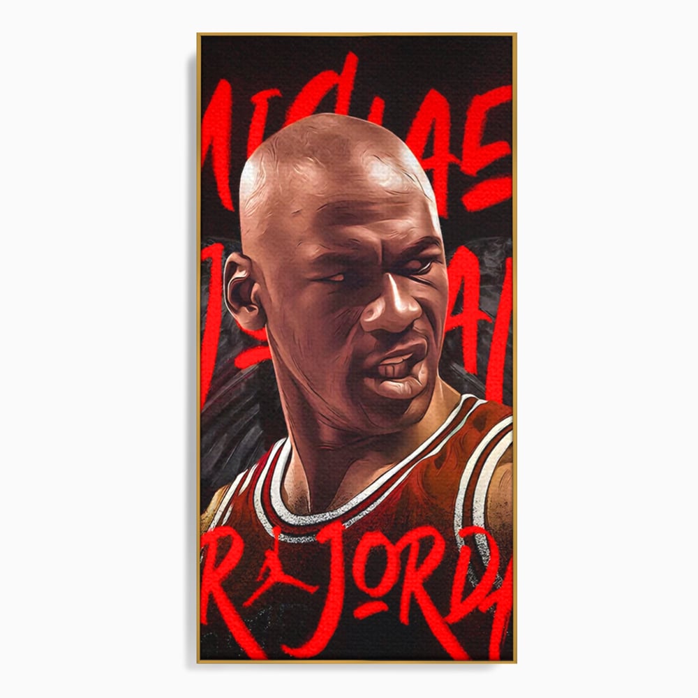 Tablou canvas cu portret grafic cu michael jordan, in rama de aluminiu auriu