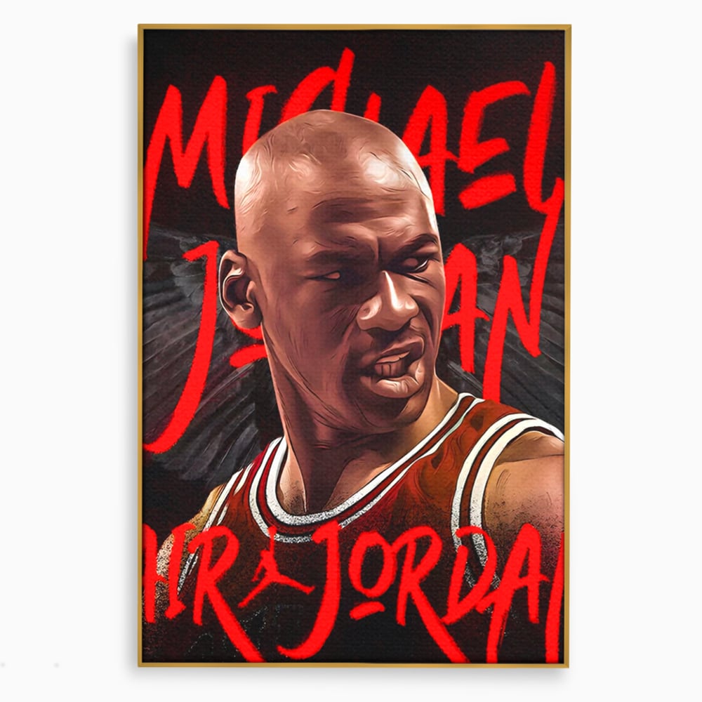 Tablou canvas cu portret grafic cu michael jordan, in rama de aluminiu auriu